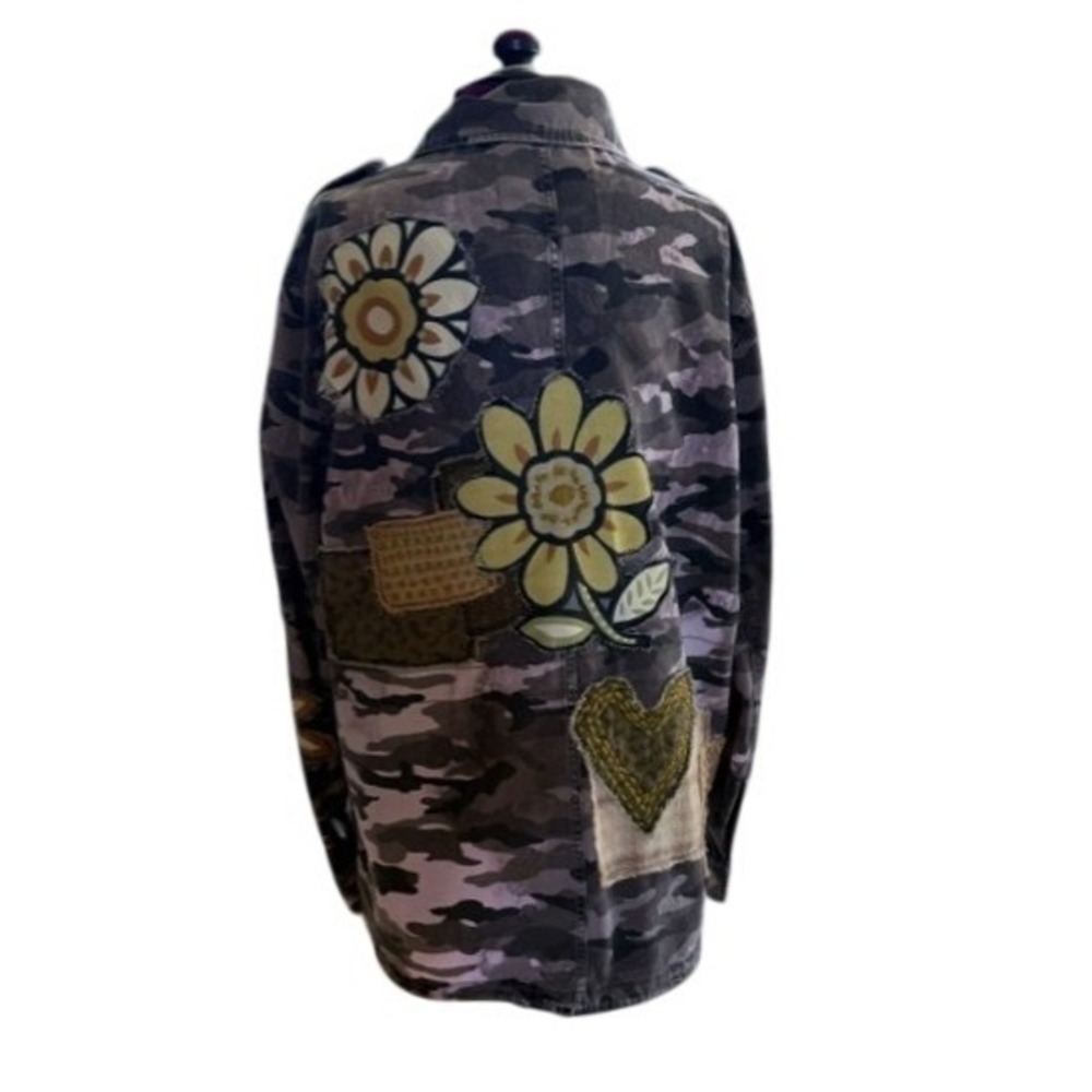 Custom Upcycled Camo Utility Jacket Floral Heart Patch Mustache Distressed L - Picture 4 of 11